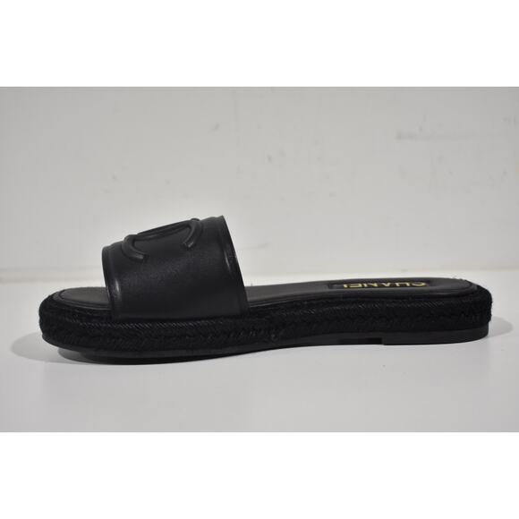Chanel 23C Black Lambskin Leather CC Logo Slide Sandal Slip Espadrille Flat 37 - Picture 9 of 12